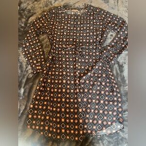 LOFT Floral Mosaic Long Sleeve Drawstring Shirt Dress